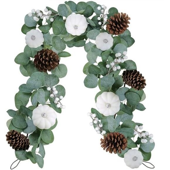 White Pumpkin Garland Artificial Eucalyptus with White Pumpkins Pinecones - Picture 8 of 8